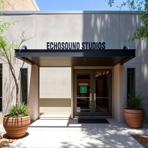 The entrance to EchoSound Studios in Austin, Texas, showing the building and signage.